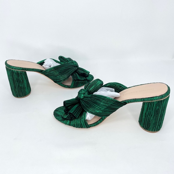 Loeffler Randall Penny Knot Mule High Heel in Pleated Metallic Emerald Green, 10 - Picture 3 of 10